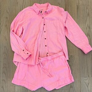 Universal Thread Coral Pink Button-Up Lounge Shirt & Drawstring Shorts